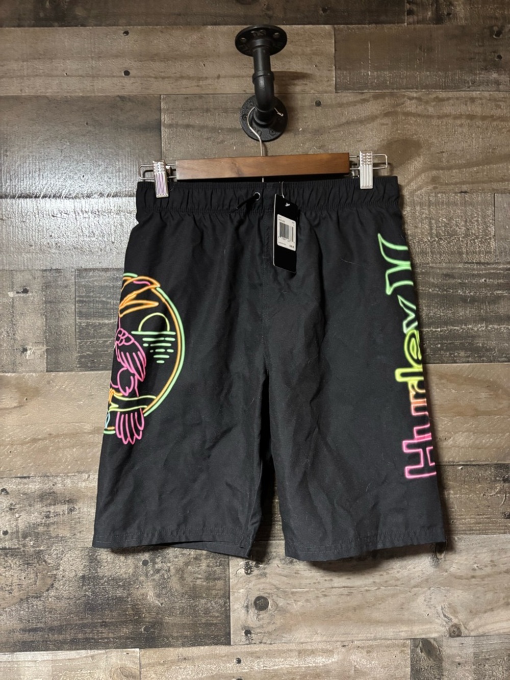 NWT Youth Large Hurley Black Swim Shorts with Neon Pink & Neon Yellow Logo